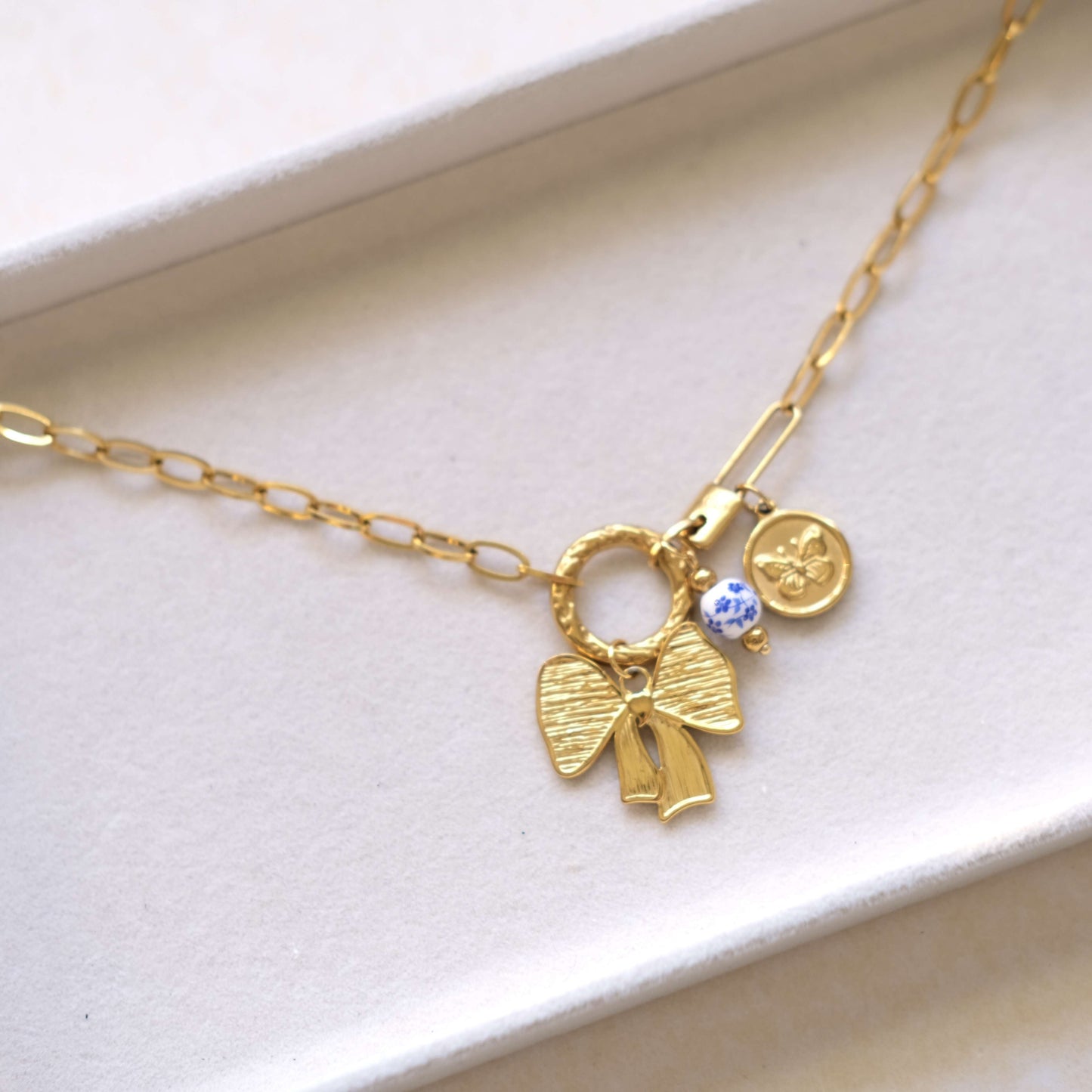 Gold Bow Charm Necklace - Elegant Butterfly Coin Accent