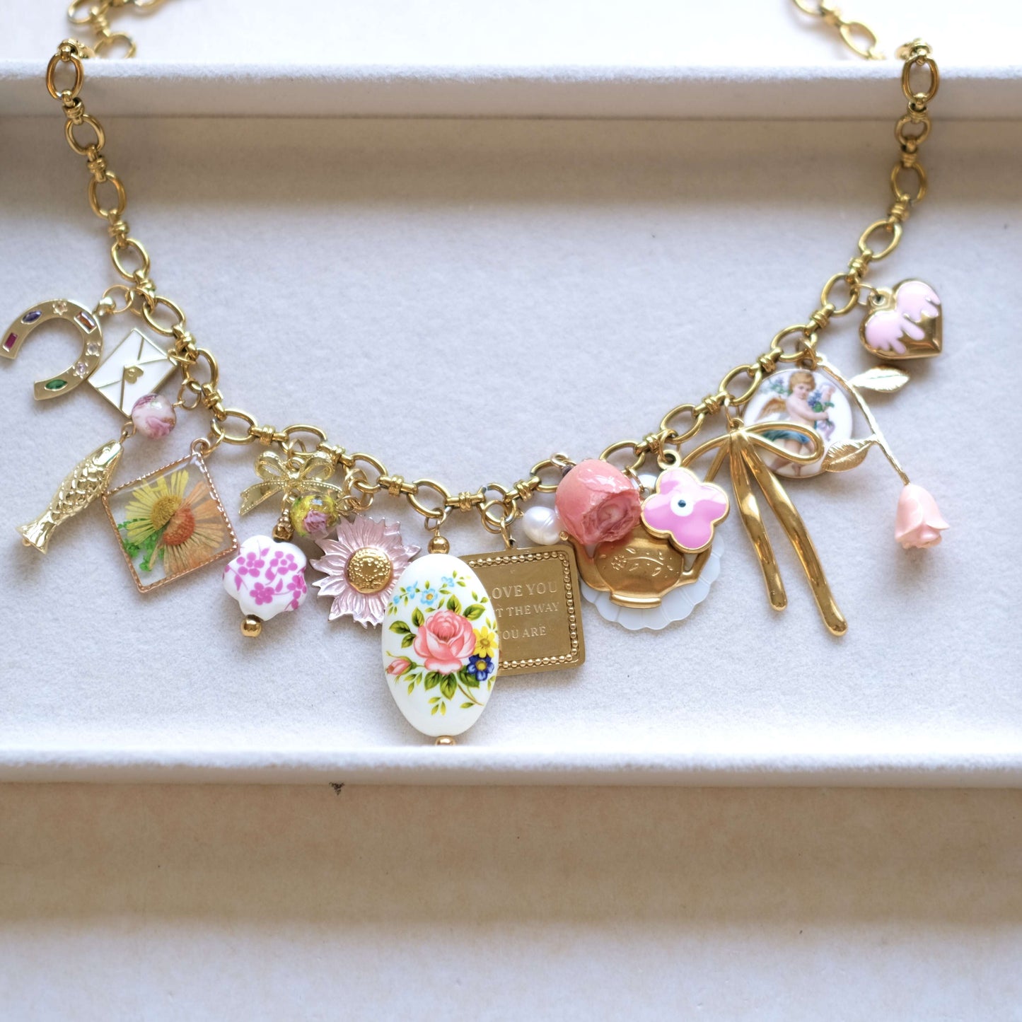 Vintage Charm Necklace - Gold Chain with Floral, Fish & Tea Accents