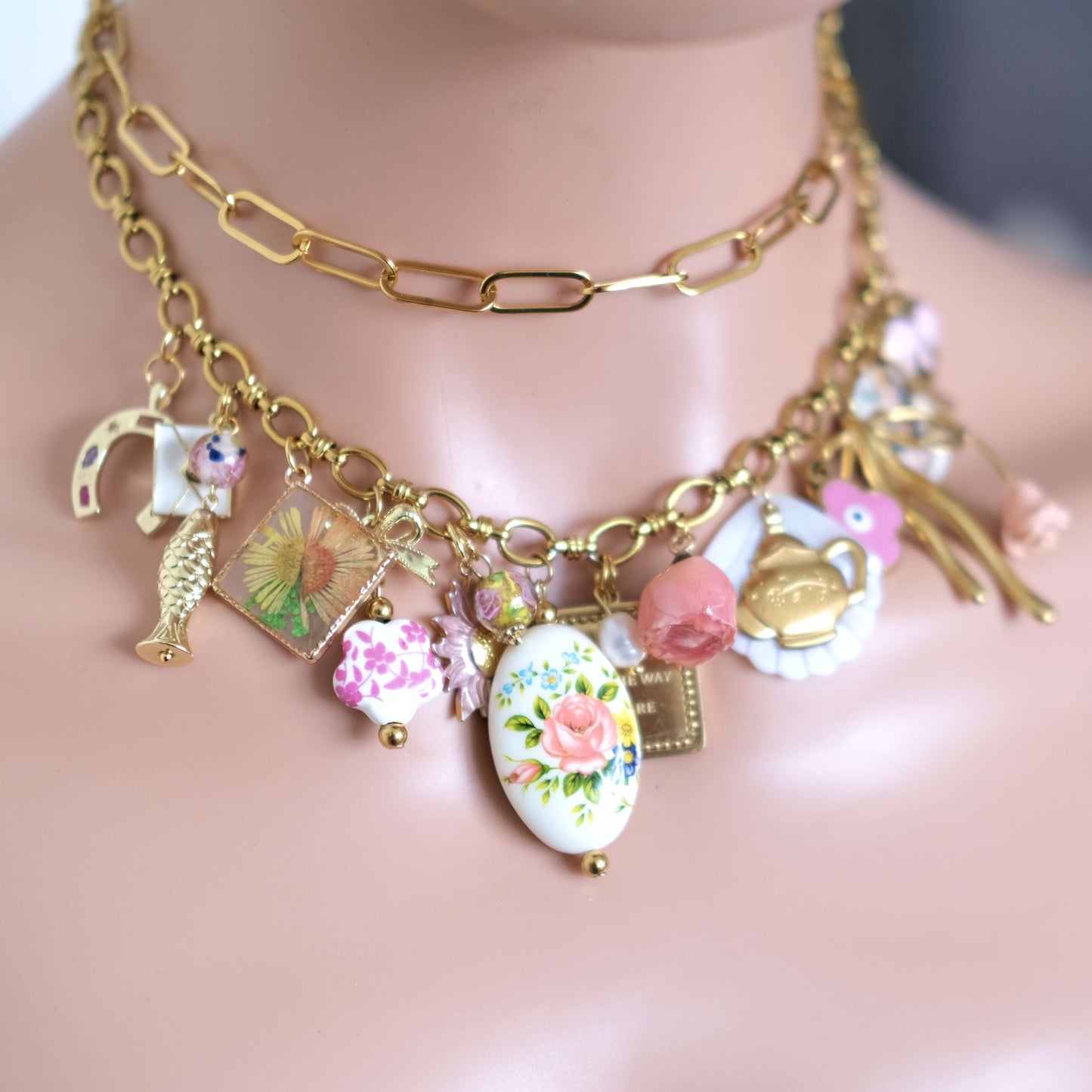 Vintage Charm Necklace - Gold Chain with Floral, Fish & Tea Accents