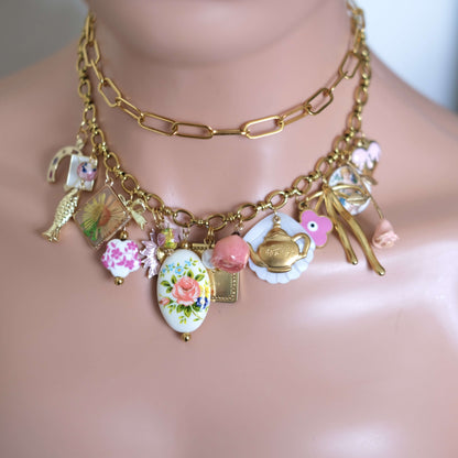 Vintage Charm Necklace - Gold Chain with Floral, Fish & Tea Accents