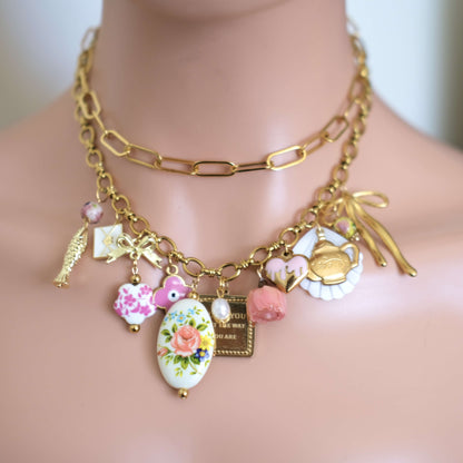 Vintage Charm Necklace - Gold Chain with Floral, Fish & Tea Accents