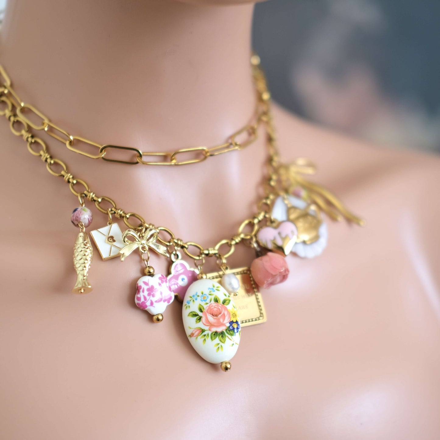 Vintage Charm Necklace - Gold Chain with Floral, Fish & Tea Accents