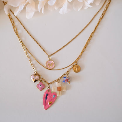 PRE-MADE PINK HEART THREE layer charms necklace