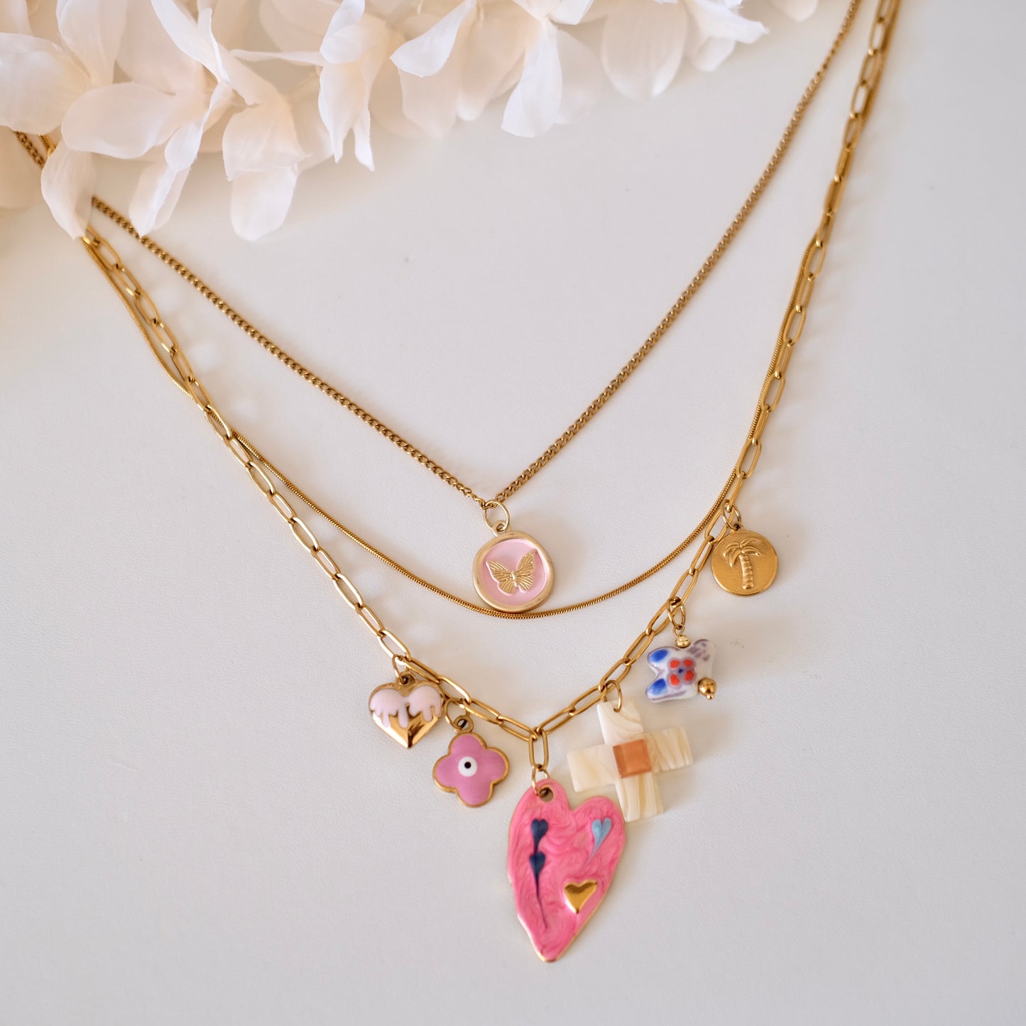 PRE-MADE PINK HEART THREE layer charms necklace