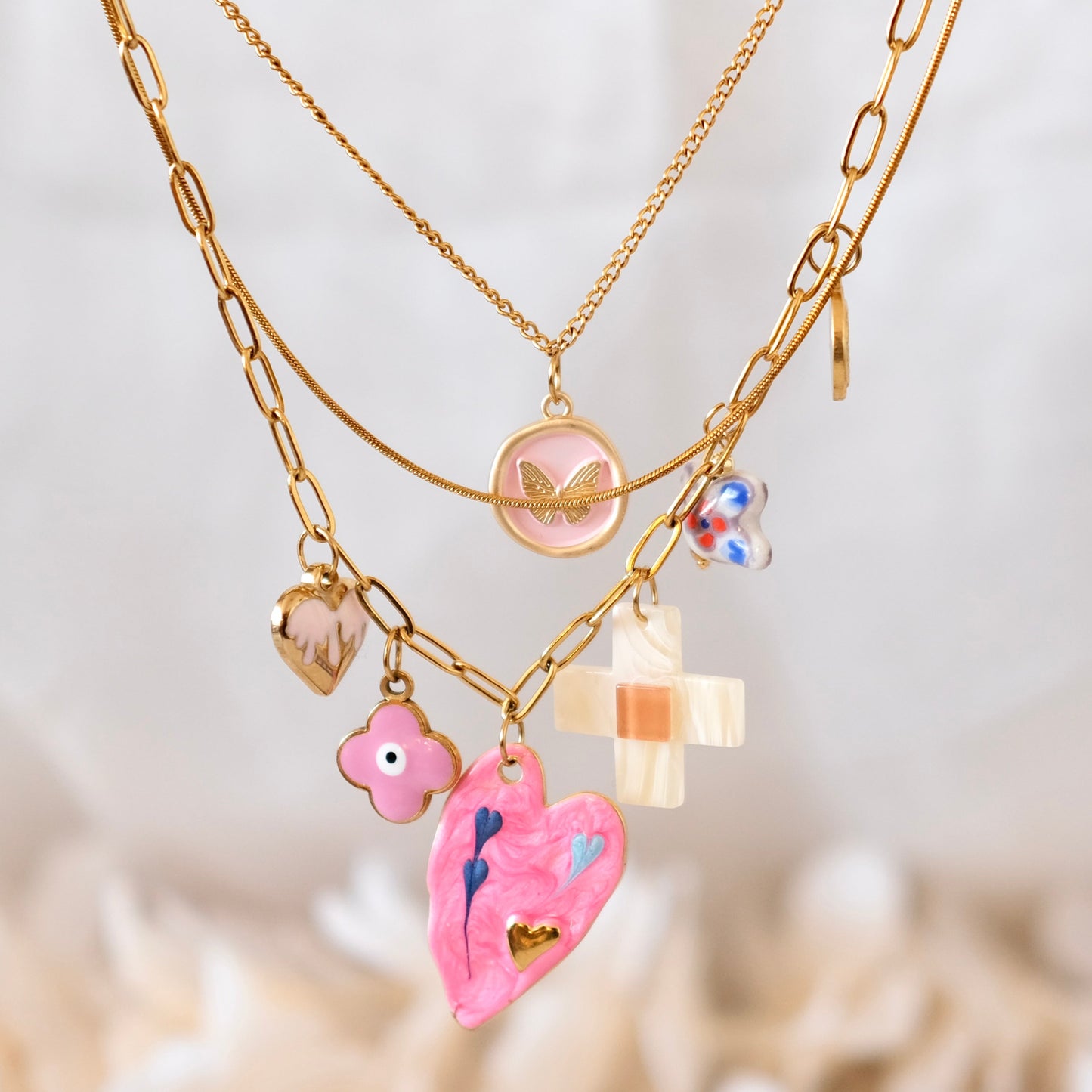 PRE-MADE PINK HEART THREE layer charms necklace