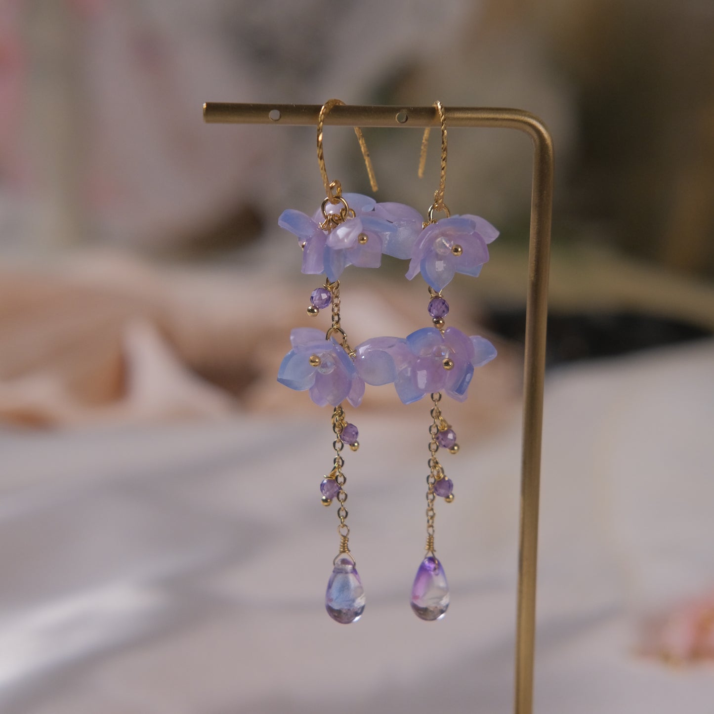 handmade resin flower and purle with pearl silver hook earring fashion woman