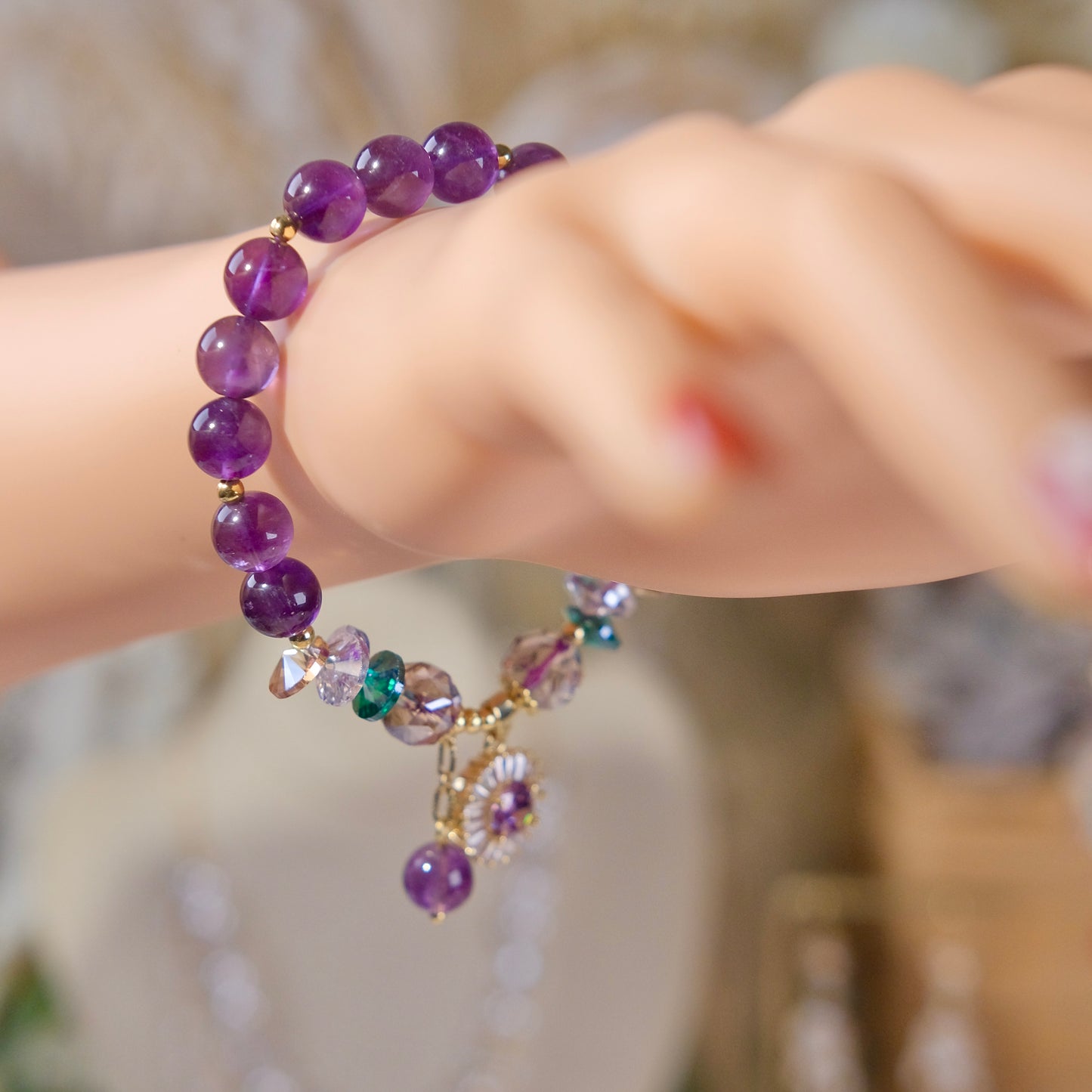 pulsera de cuentas de cristal púrpura joyería mujer moda