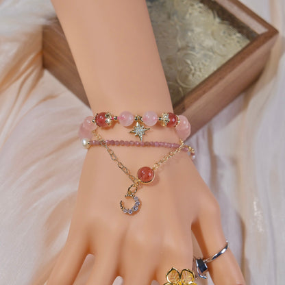 Pulsera de cuentas de cristal rosa con 2 cadenas moda mujer