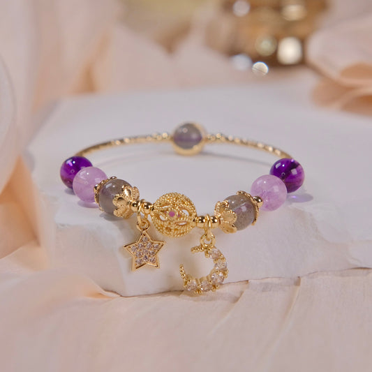 moon and star nature purple cystal beads bracelet with moonlight stone fashion woman