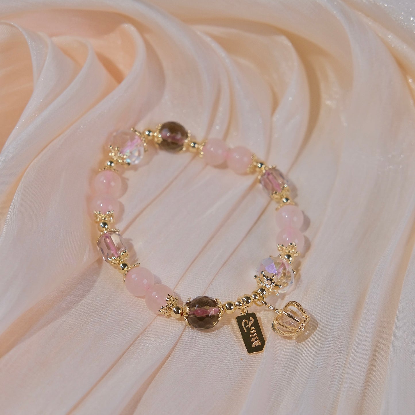 Pulsera de corona de cristal rosa de Madagascar con cuentas de cristal rosa, joyería de moda