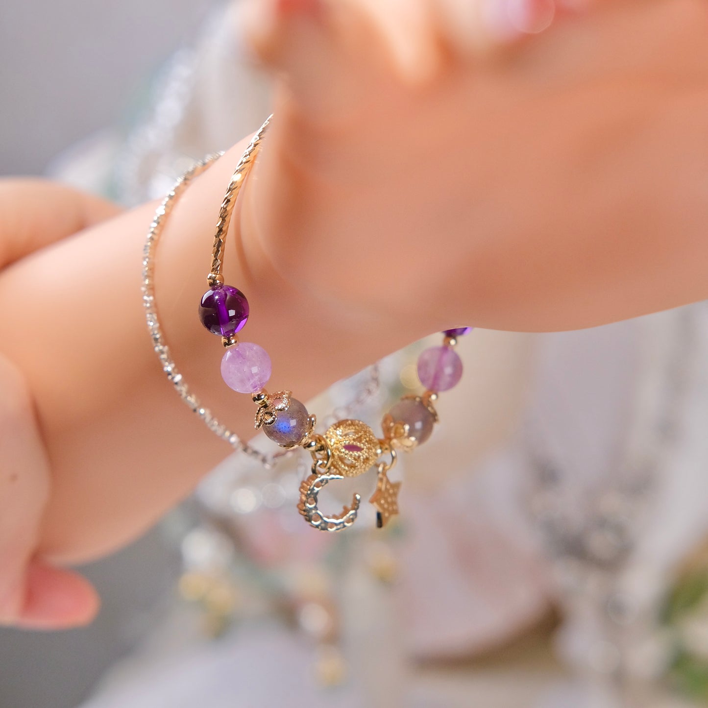 moon and star nature purple cystal beads bracelet with moonlight stone fashion woman