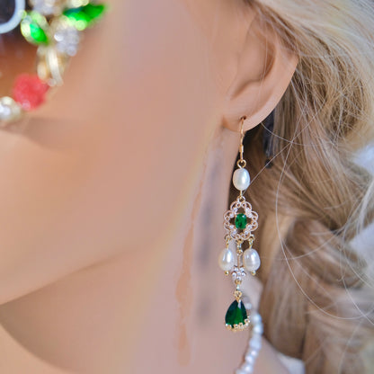 green zircon with pearl earring fashion woman jewelry