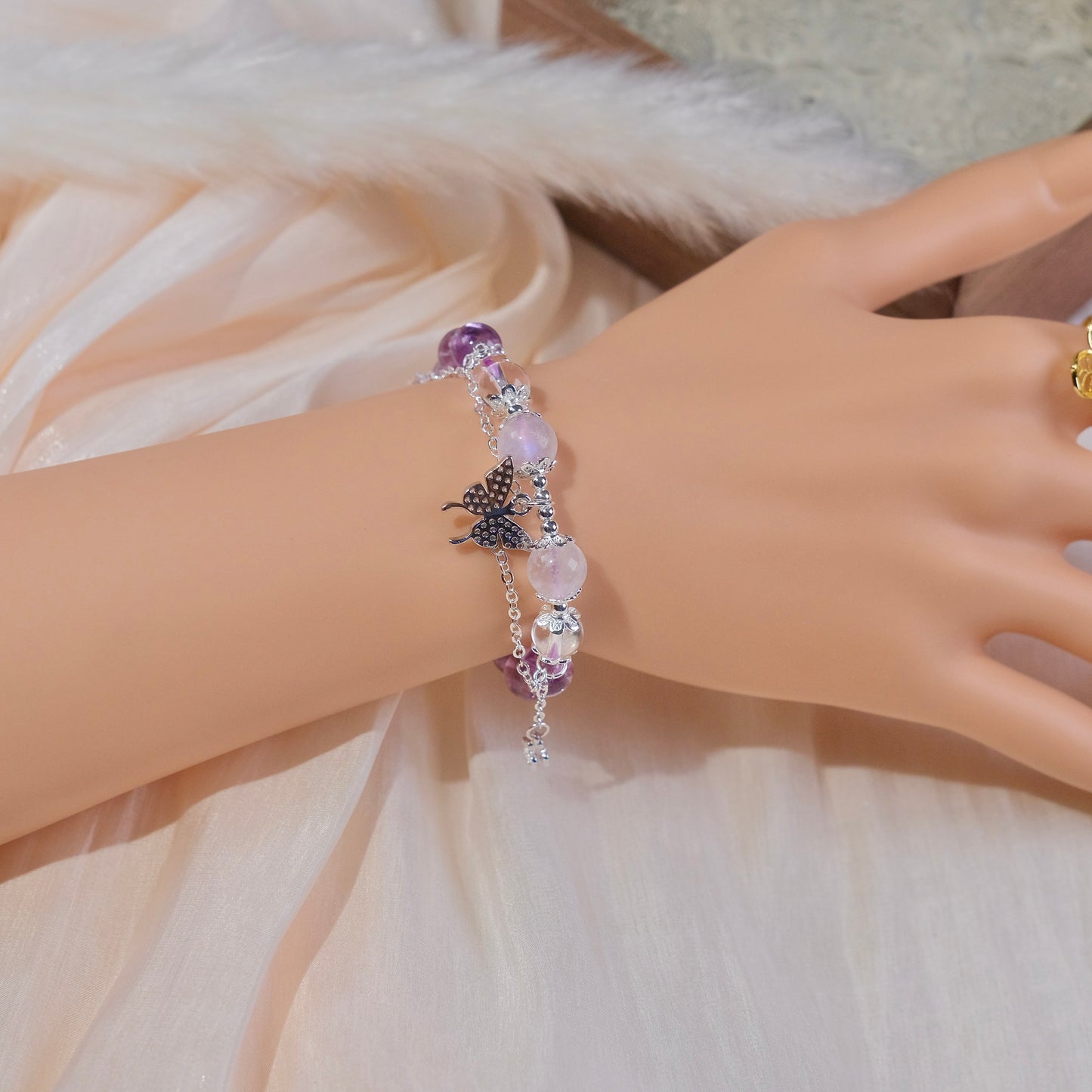 Pulsera de cuentas de cuarzo Azeztulita con cuentas de mariposa y piedra lunar moda mujer