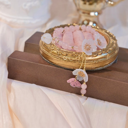 Pulsera de cuentas de cristal rosa con flor de resina, mariposa, joyería de moda para mujer