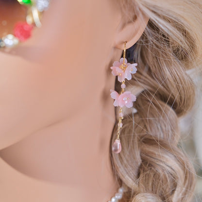 handmade resin flower and purle with pearl silver hook earring fashion woman