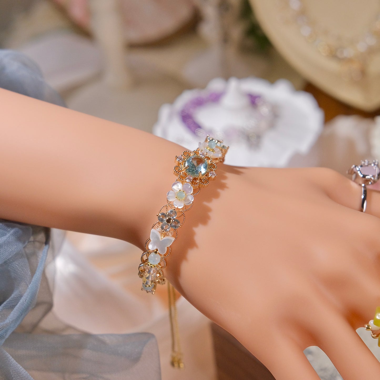 Pulsera de zicron con cuentas de cristal blanco, mariposa, nácar, joyería de moda para mujer