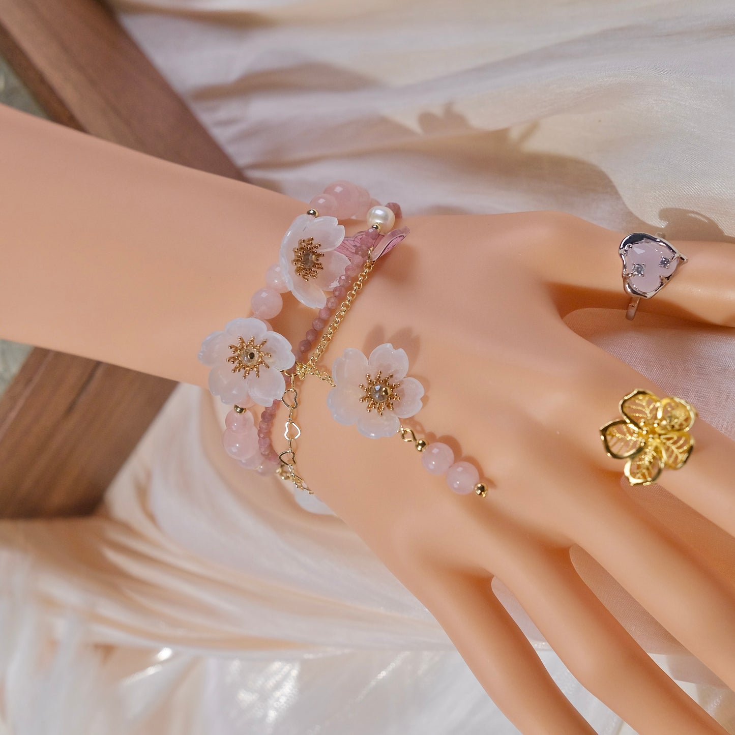 pink crystal beads bracelet with resin flower butterfly fashion woman jewelry