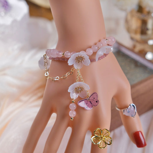 Pulsera de cuentas de cristal rosa con flor de resina, mariposa, joyería de moda para mujer