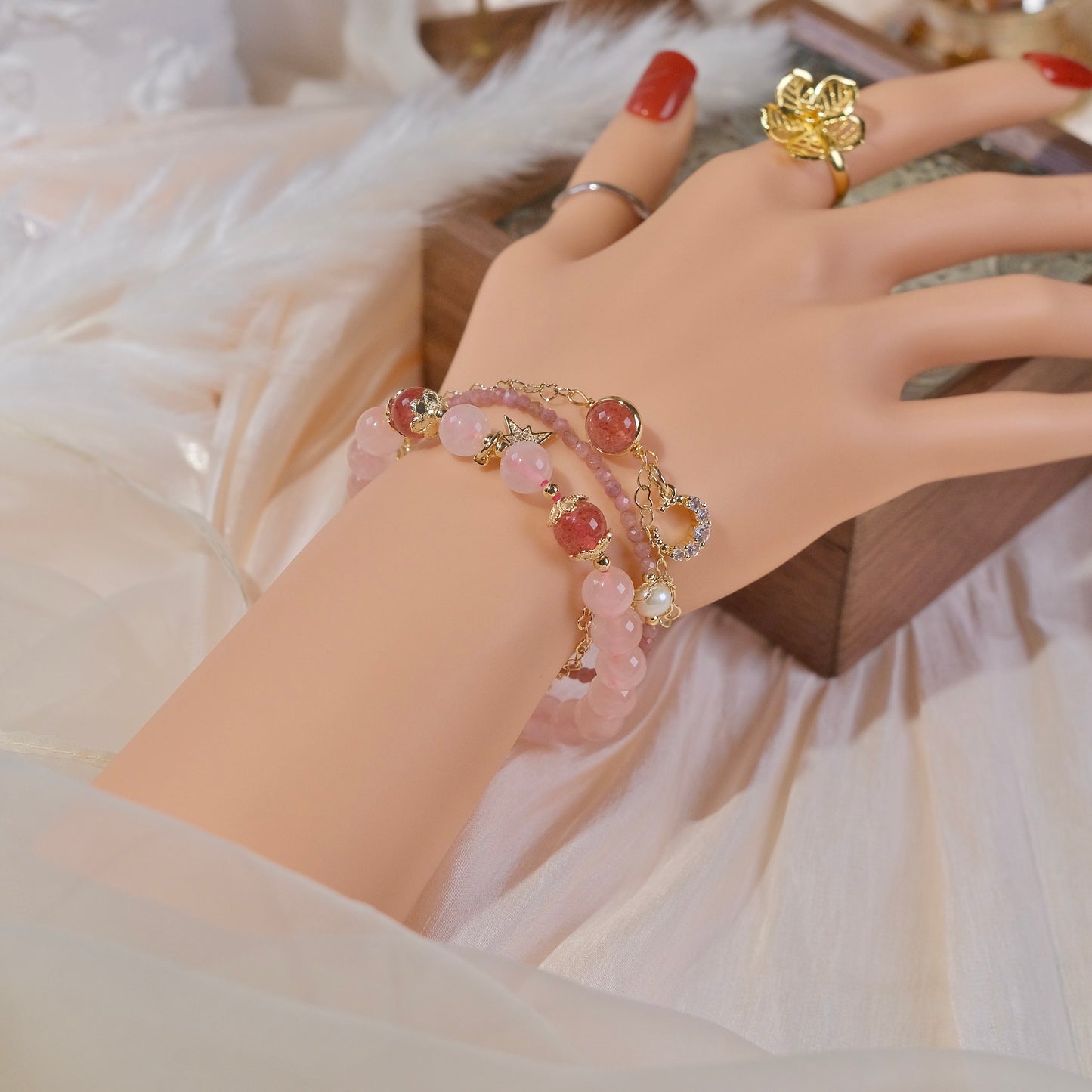 Pulsera de cuentas de cristal rosa con 2 cadenas moda mujer