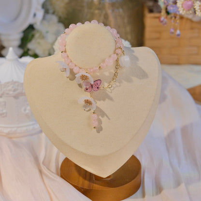 Pulsera de cuentas de cristal rosa con flor de resina, mariposa, joyería de moda para mujer