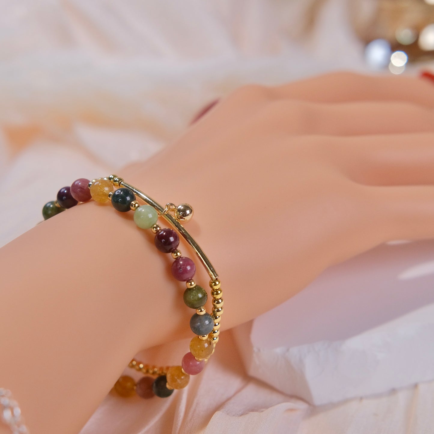 Tourmaline gemstone beads with 14k filled gold beads bracelet fashion woman jewelry