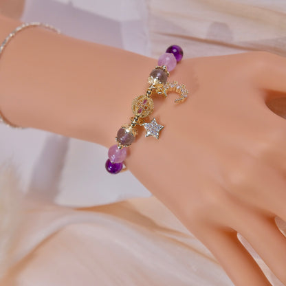 Luna y estrella naturaleza pulsera de cuentas de cristal púrpura con piedra de luz de luna moda mujer