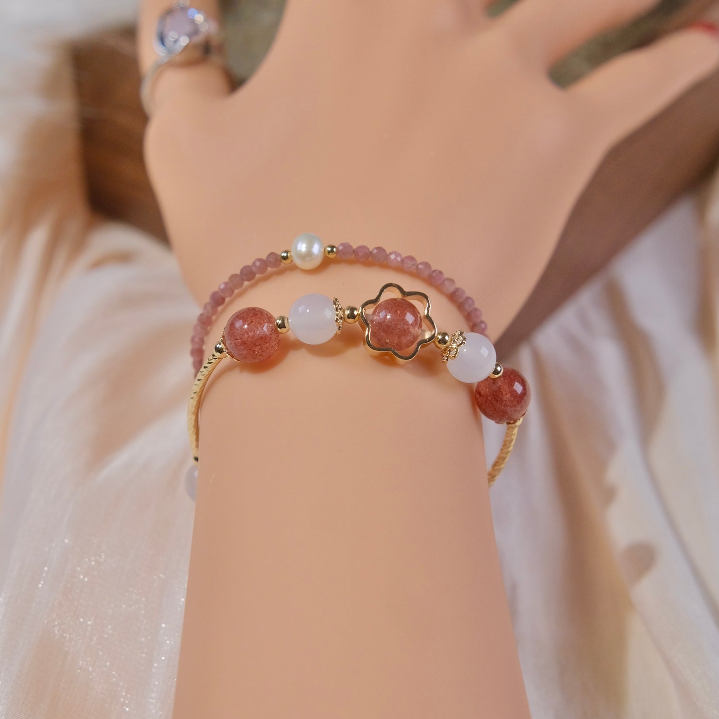 Cuentas de cristal de fresa con cuentas de ágata blanca pulsera joyería moda mujer