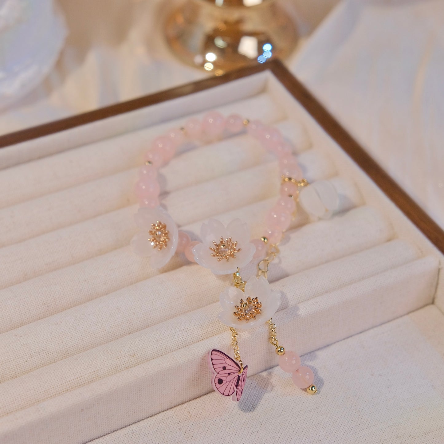 Pulsera de cuentas de cristal rosa con flor de resina, mariposa, joyería de moda para mujer