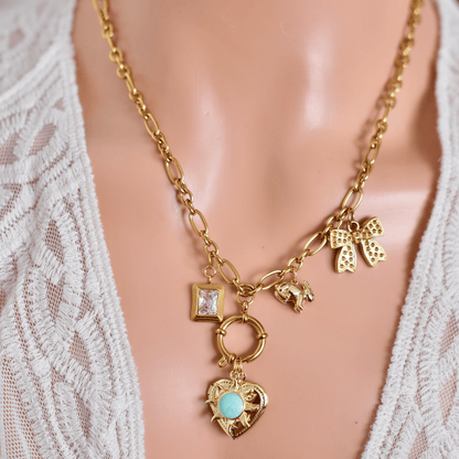 PRE-MADE Sun & Heart Charm Necklace – Gold & Turquoise Accents